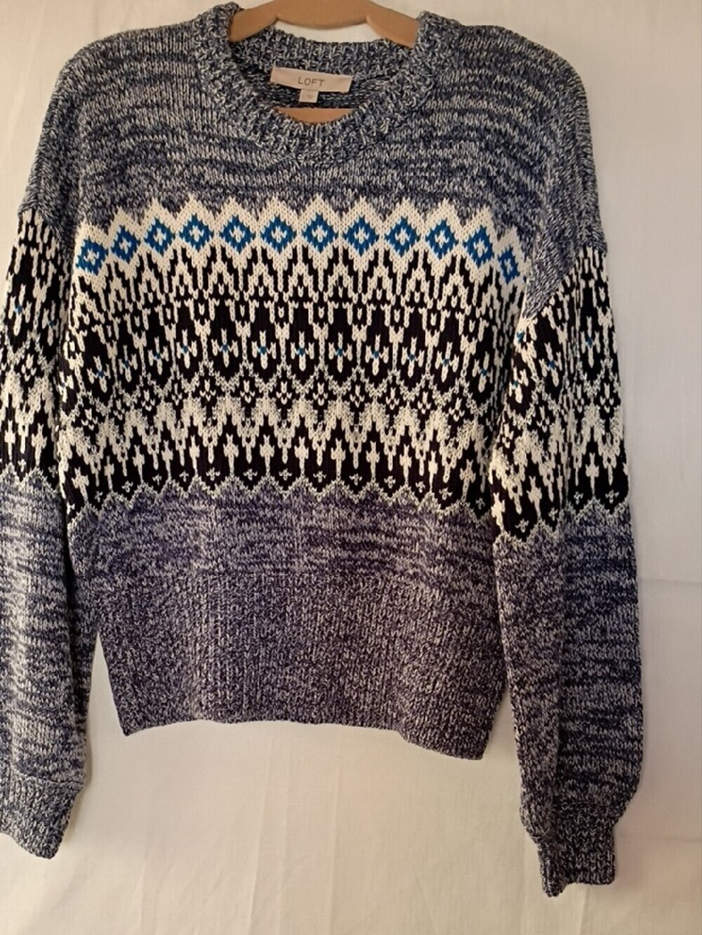 LOFT Women's Navy, Black & White Fair Isle Marled Crewneck Sweater Size L